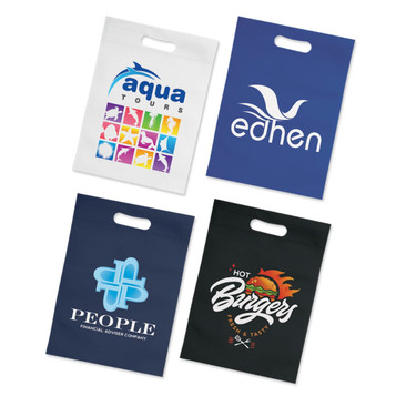 Four tote bags in various colours feature different logos and designs, including a blue, navy, and white bag. Four tote bags in various colours feature different logos and designs, including a blue, navy, and white bag.