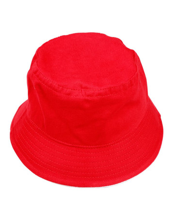 A red bucket hat with a soft, washed texture and a contrasting trim. It features a logo on the side.
