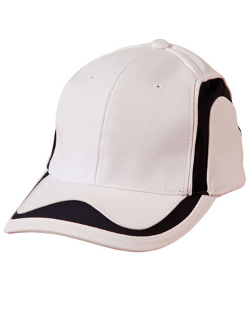 A white cap with black accents and a logo, featuring a curved visor and a structured design.