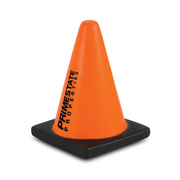 An orange stress road cone with a black base and a logo printed on the side.