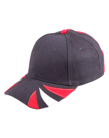 A tri-colour cap featuring black, red, and white design elements, with a logo on the front.