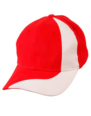 A red and white baseball cap with a curved brim and an embroidered logo.