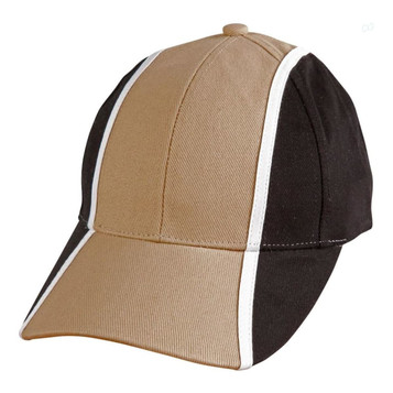 A tri-colour baseball cap featuring black, tan, and white panels, with a curved brim and a rear adjustment strap.