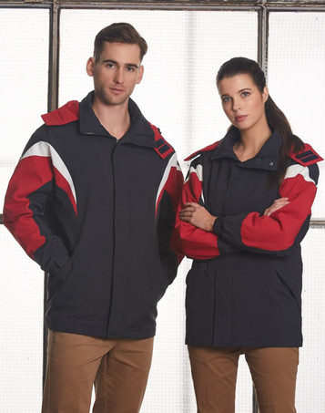 A navy blue tri-colour jacket with red and white accents, featuring a hood and two models wearing it.