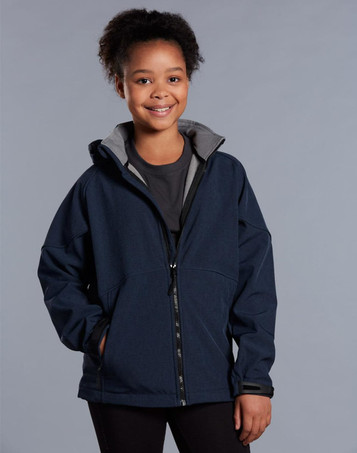 A navy softshell full zip hoodie with a grey interior, featuring a hood and zippered front, worn by a smiling child.