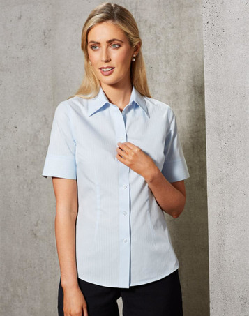 A light blue women's short-sleeve button-up shirt with a self-stripe pattern, featuring a classic collar and a sleek fit.