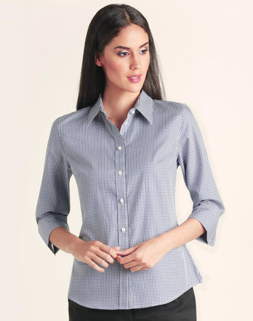 A women’s button-up shirt featuring a two-tone check pattern in navy and white, with 3/4 sleeves and a collar.