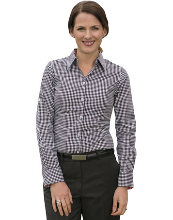 A women's long-sleeve button-up shirt in black and white gingham check pattern, featuring a logo.