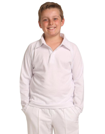 A child is wearing a long-sleeved white cricket polo shirt. The shirt features a collar and a playful fit.