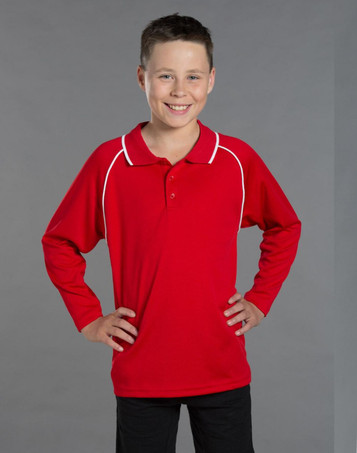 A red long-sleeve polo shirt with white detailing, featuring a collar and a logo. Suitable for kids.