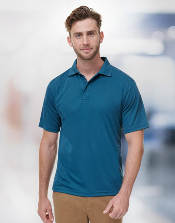 A men's short-sleeve polo shirt in a vibrant blue colour, featuring a collar and an emblem.