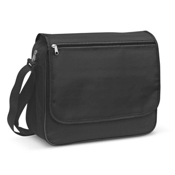 A black messenger bag with a front flap, zipper pocket, adjustable strap, and branding logo. A black messenger bag with a front flap, zipper pocket, adjustable strap, and branding logo.