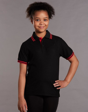 A black kids' polo shirt featuring red collar and sleeve trims, displaying a logo.