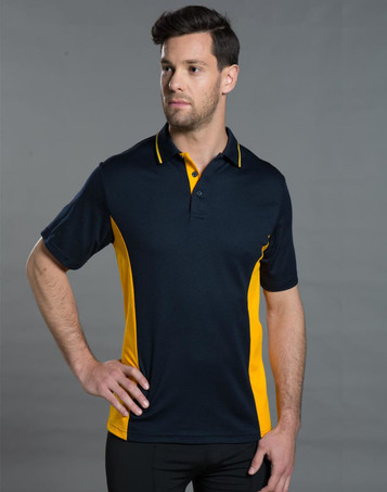 Men's TrueDry Contrast short sleeve polo in navy with yellow side panels, featuring a logo.