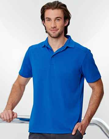 A blue men's polo shirt made from bamboo charcoal, featuring a collar and short sleeves. Includes a logo. A blue men's polo shirt made from bamboo charcoal, featuring a collar and short sleeves. Includes a logo.
