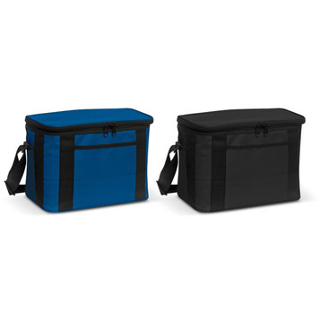 Two cooler bags, one in blue with black accents and one entirely in black, both featuring a zippered top and handles.