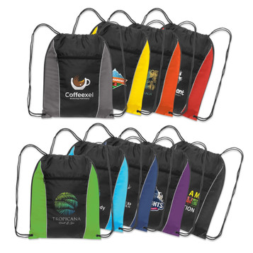 A collection of Ranger Drawstring Backpacks in various colours, each featuring a logo. A collection of Ranger Drawstring Backpacks in various colours, each featuring a logo.