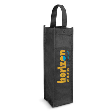 A single wine tote bag in black featuring a logo, designed for carrying one drink bottle. A single wine tote bag in black featuring a logo, designed for carrying one drink bottle.