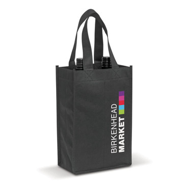 A black tote bag designed to hold two wine bottles, featuring sturdy handles and a logo. A black tote bag designed to hold two wine bottles, featuring sturdy handles and a logo.