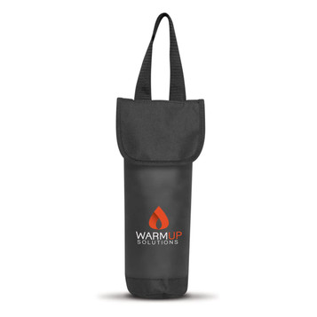 A drink bottle cooler bag in black with an adjustable strap and a fold-over top, featuring the logo "WARMUP SOLUTIONS." A drink bottle cooler bag in black with an adjustable strap and a fold-over top, featuring the logo "WARMUP SOLUTIONS."