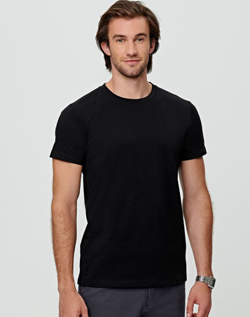 A black premium cotton t-shirt displayed on a model, featuring short sleeves and a round neckline.