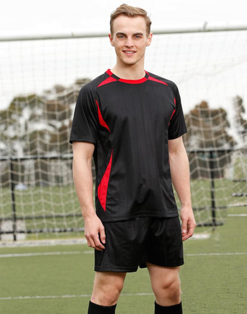 A black adults' soccer jersey with red accents, featuring short sleeves and a sporty design, displayed on a model.