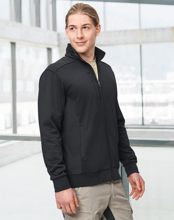 A men's black jacquard fleece jacket with a zip front and high collar, featuring side pockets and a logo. A men's black jacquard fleece jacket with a zip front and high collar, featuring side pockets and a logo.