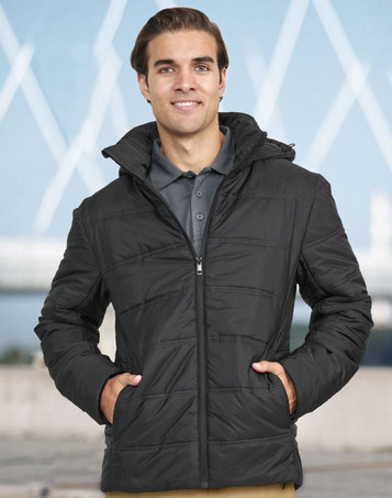 A man wearing a black unisex sustainable parka jacket with a hood, featuring a zip front and panel detailing. A man wearing a black unisex sustainable parka jacket with a hood, featuring a zip front and panel detailing.