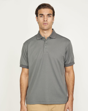 A grey men's polo shirt made from sustainable poly/cotton, featuring a collar and a logo.
