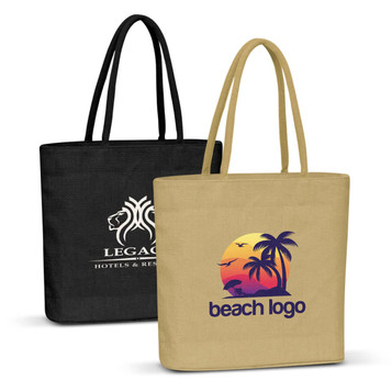 A jute tote bag in natural beige with a palm tree design, and a black jute tote bag with a logo.