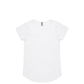 A white T-shirt with a rounded neckline and short sleeves, featuring a simple design and a tag.