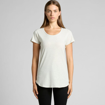 A light grey women's t-shirt with a rounded neckline and short sleeves, featuring a logo. A light grey women's t-shirt with a rounded neckline and short sleeves, featuring a logo.