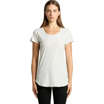 A light grey T-shirt with a scoop neckline and short sleeves, featuring a logo. The model stands facing the camera.