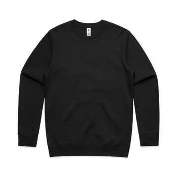 A black crew neck jumper with long sleeves and a brand logo on the label. A black crew neck jumper with long sleeves and a brand logo on the label.