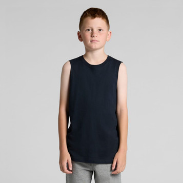 A youth sleeveless tank in navy blue, featuring a minimalistic design and a brand logo. A youth sleeveless tank in navy blue, featuring a minimalistic design and a brand logo.