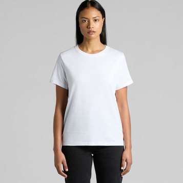 A white organic T-shirt for women, featuring a simple design and a logo. A white organic T-shirt for women, featuring a simple design and a logo.