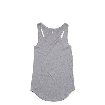 A grey racerback tank top with a rounded hem and a logo on the label. A grey racerback tank top with a rounded hem and a logo on the label.