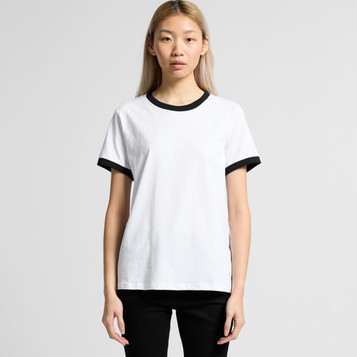 A white T-shirt with black ribbed sleeves and a crew neckline, featuring a logo on the front. A white T-shirt with black ribbed sleeves and a crew neckline, featuring a logo on the front.
