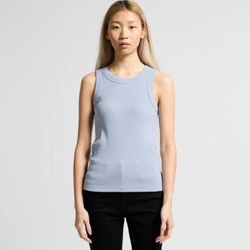 A light blue rib tank top with a fitted design, featuring a round neckline and no sleeves. It has a logo present. A light blue rib tank top with a fitted design, featuring a round neckline and no sleeves. It has a logo present.