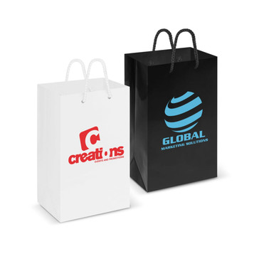 Two laminated carry bags: one white with a red logo, and one black with a blue and grey logo. Both feature rope handles. Two laminated carry bags: one white with a red logo, and one black with a blue and grey logo. Both feature rope handles.