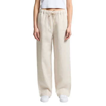 Linen pants in a light beige colour, featuring a drawstring waistband and wide-leg design. Linen pants in a light beige colour, featuring a drawstring waistband and wide-leg design.