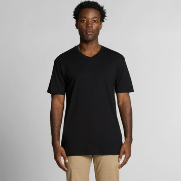 A black V-neck T-shirt displayed on a model, featuring short sleeves and a relaxed fit, with a logo on it. A black V-neck T-shirt displayed on a model, featuring short sleeves and a relaxed fit, with a logo on it.
