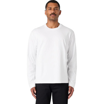 A white long-sleeve T-shirt with a round neckline, modelled by a man. It features a logo on the chest.