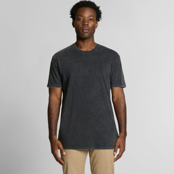 A black stone wash t-shirt featuring a crew neck and short sleeves, displayed on a male model.