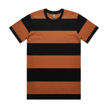 A striped tee featuring alternating broad bands of burnt orange and black. The shirt has a round neckline and short sleeves. A striped tee featuring alternating broad bands of burnt orange and black. The shirt has a round neckline and short sleeves.