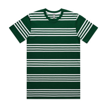 A green and white striped t-shirt featuring a logo on the label. Casual and stylish design. A green and white striped t-shirt featuring a logo on the label. Casual and stylish design.