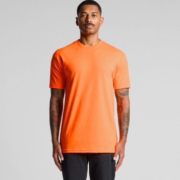 An orange work t-shirt with a simple design and a logo on the chest, displayed on a model. An orange work t-shirt with a simple design and a logo on the chest, displayed on a model.
