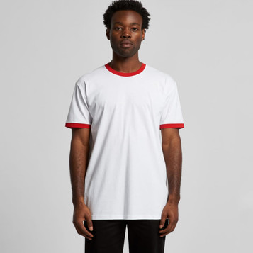 A white t-shirt with red ringer sleeves, featuring a logo on the front. A white t-shirt with red ringer sleeves, featuring a logo on the front.