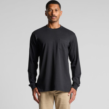 A long-sleeve, black pocket T-shirt featuring a simple design and a front pocket. A long-sleeve, black pocket T-shirt featuring a simple design and a front pocket.