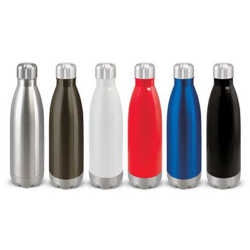 A drink bottle collection featuring stainless steel, brown, white, red, blue, and black finishes, each with a metallic cap.